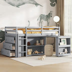 Cama alta doble con escritorio extraíble, armario de 3 cajones y estantes