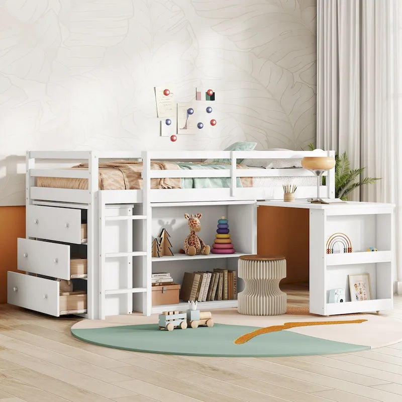 Cama alta doble con escritorio extraíble, armario de 3 cajones y estantes