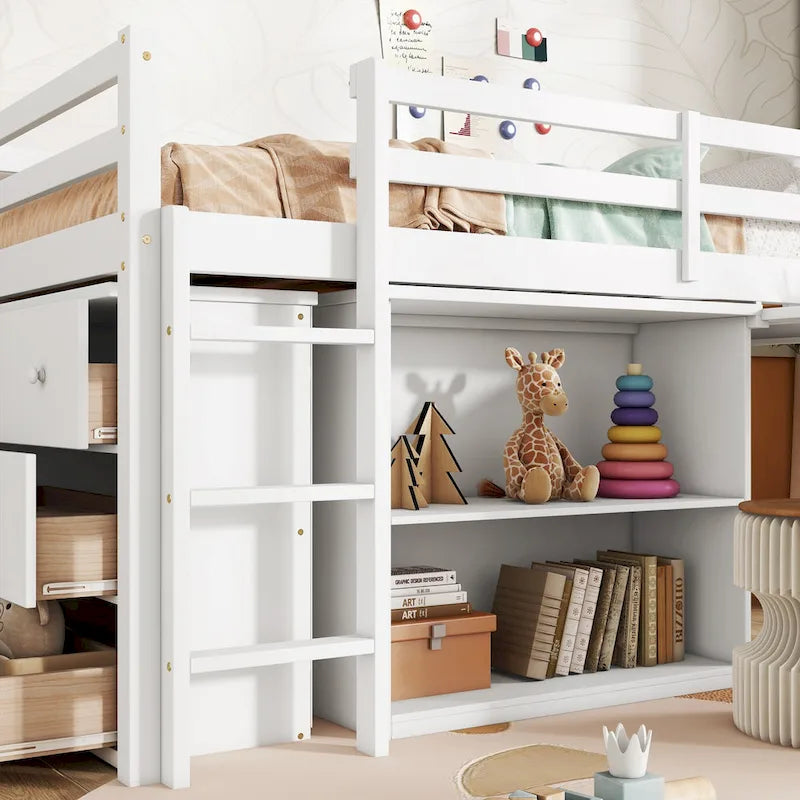 Cama alta doble con escritorio extraíble, armario de 3 cajones y estantes