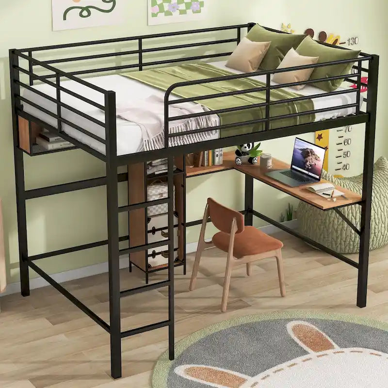 Cama alta de metal y madera tamaño matrimonial con escritorio en forma de L y estantes