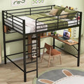 Cama alta de metal y madera tamaño matrimonial con escritorio en forma de L y estantes