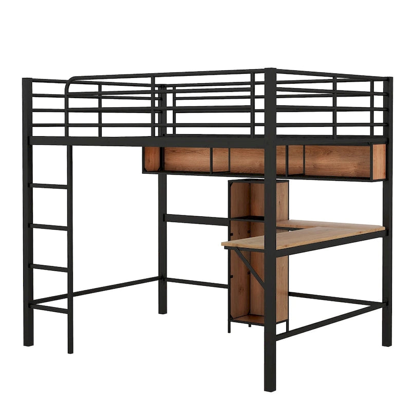 Cama alta de metal y madera tamaño matrimonial con escritorio en forma de L y estantes