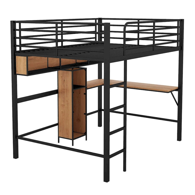Cama alta de metal y madera tamaño matrimonial con escritorio en forma de L y estantes
