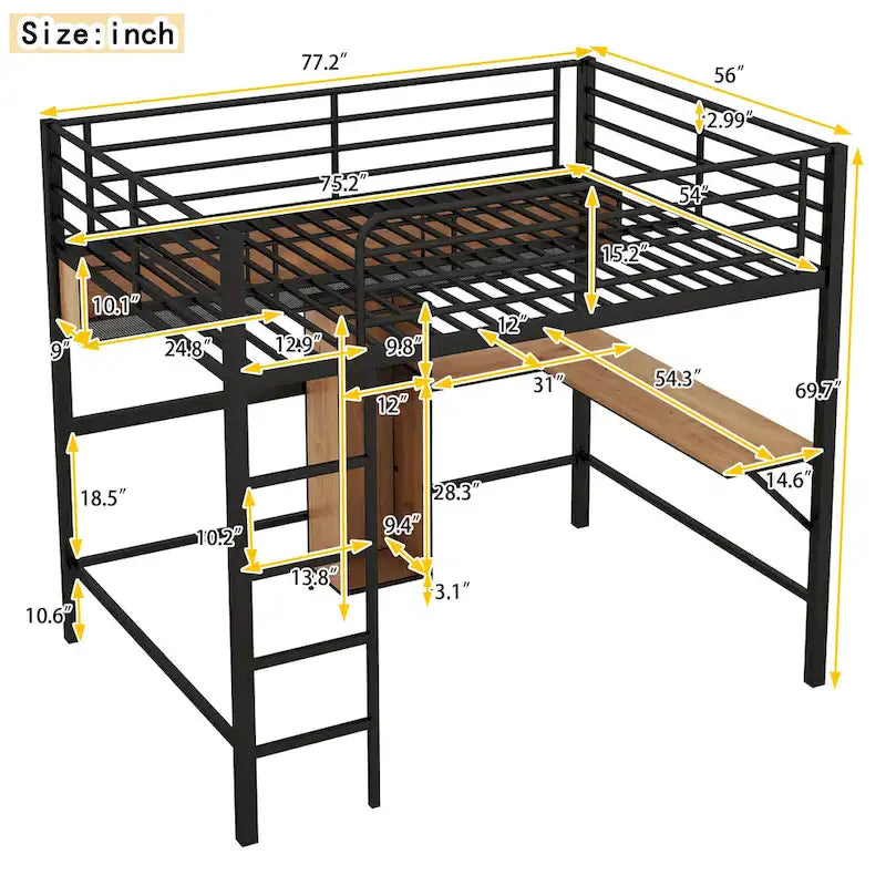 Cama alta de metal y madera tamaño matrimonial con escritorio en forma de L y estantes