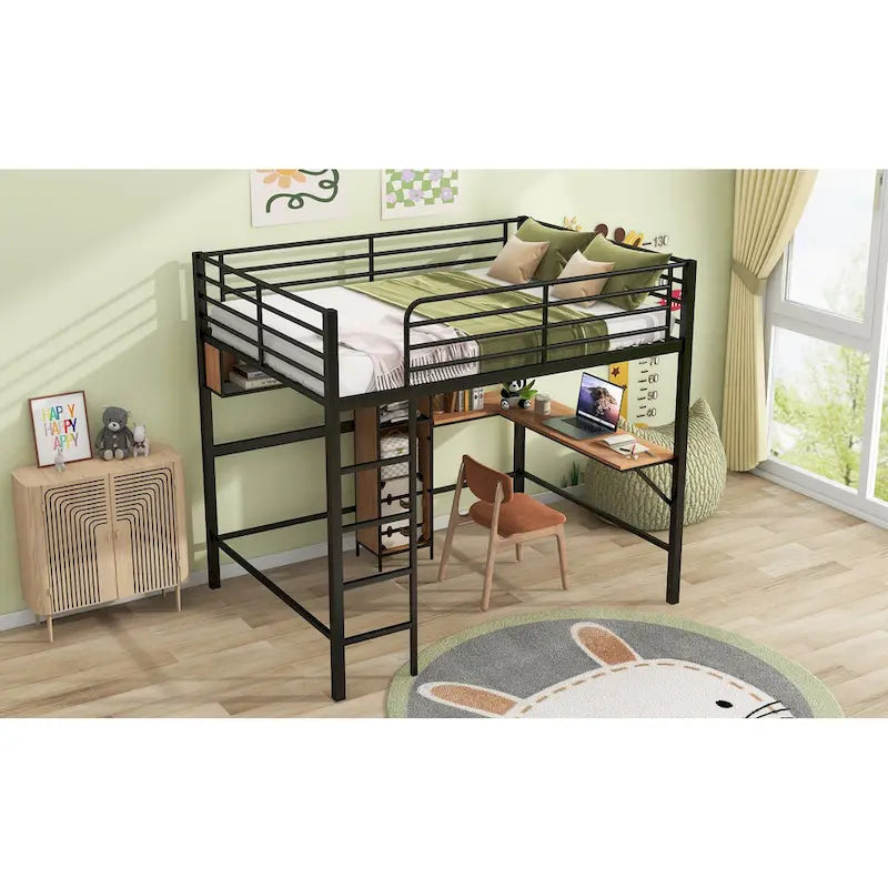 Cama alta de metal y madera tamaño matrimonial con escritorio en forma de L y estantes