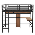 Cama alta de metal y madera tamaño matrimonial con escritorio en forma de L y estantes