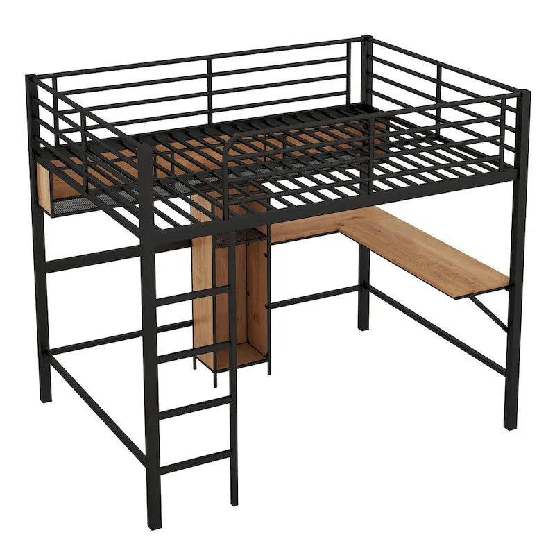 Cama alta de metal y madera tamaño matrimonial con escritorio en forma de L y estantes