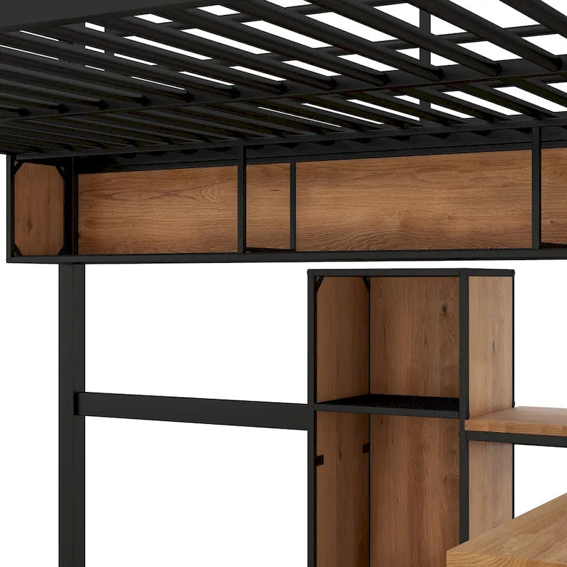 Cama alta de metal y madera tamaño matrimonial con escritorio en forma de L y estantes