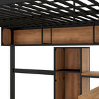 Cama alta de metal y madera tamaño matrimonial con escritorio en forma de L y estantes
