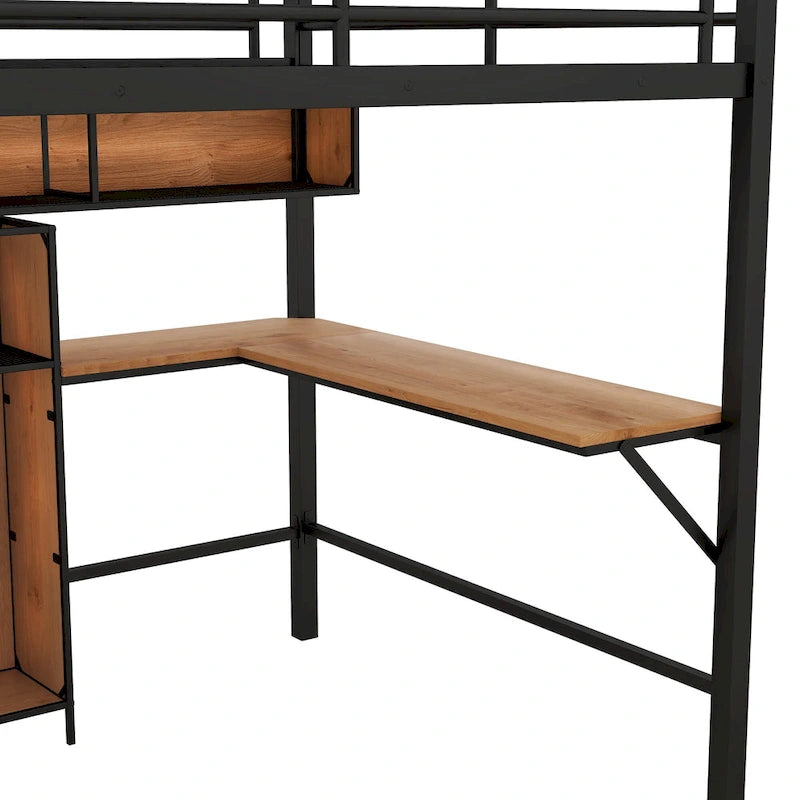 Cama alta de metal y madera tamaño matrimonial con escritorio en forma de L y estantes