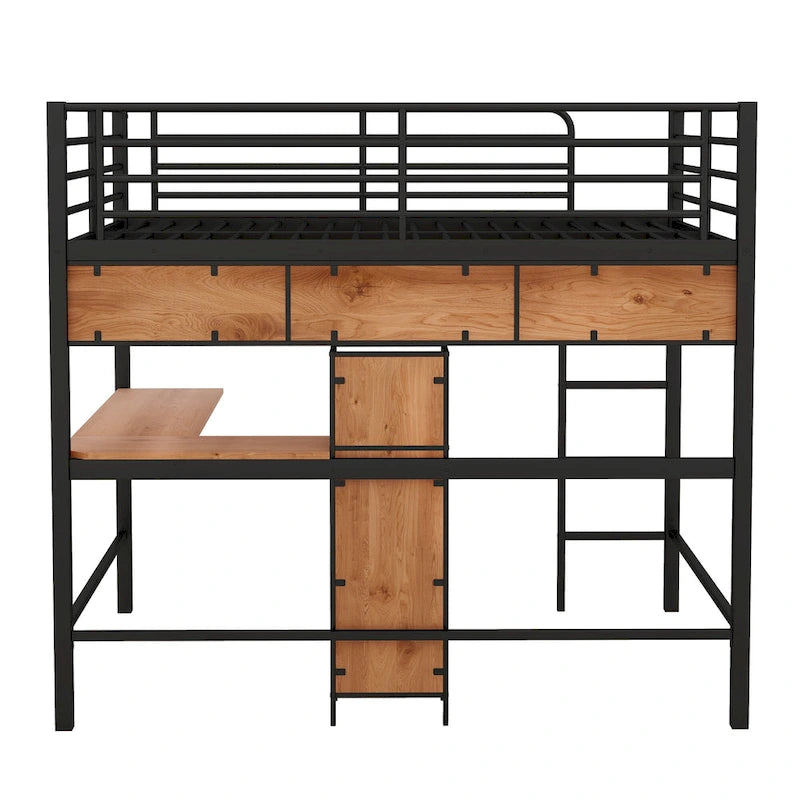 Cama alta de metal y madera tamaño matrimonial con escritorio en forma de L y estantes