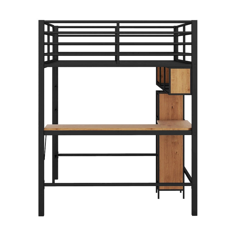 Cama alta de metal y madera tamaño matrimonial con escritorio en forma de L y estantes