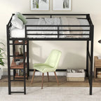 Cama alta de metal matrimonial con escritorio y estantes de almacenamiento incorporados