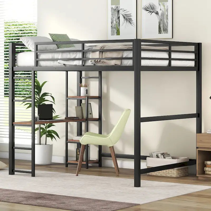 Cama alta de metal matrimonial con escritorio y estantes de almacenamiento incorporados