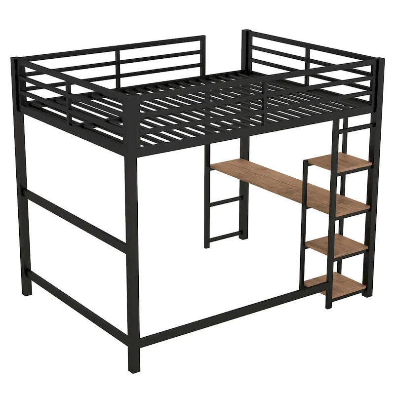 Cama alta de metal matrimonial con escritorio y estantes de almacenamiento incorporados