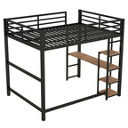 Cama alta de metal matrimonial con escritorio y estantes de almacenamiento incorporados