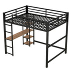Cama alta de metal matrimonial con escritorio y estantes de almacenamiento incorporados