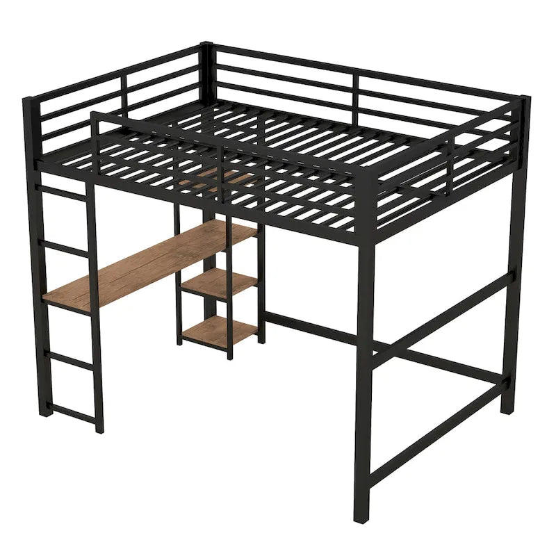 Cama alta de metal matrimonial con escritorio y estantes de almacenamiento incorporados