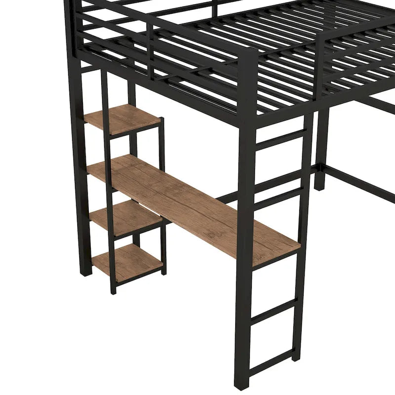 Cama alta de metal matrimonial con escritorio y estantes de almacenamiento incorporados