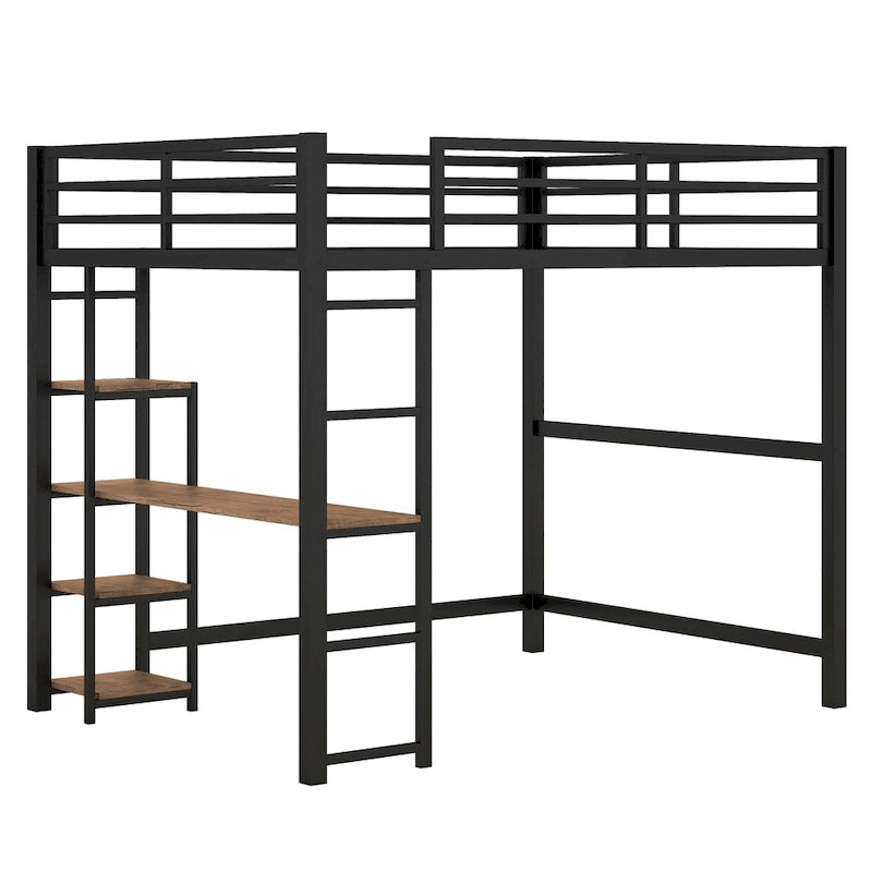 Cama alta de metal matrimonial con escritorio y estantes de almacenamiento incorporados