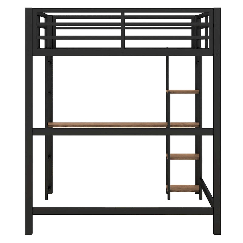 Cama alta de metal matrimonial con escritorio y estantes de almacenamiento incorporados