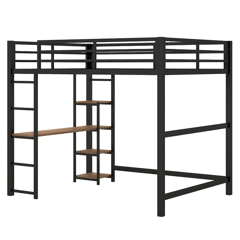 Cama alta de metal matrimonial con escritorio y estantes de almacenamiento incorporados