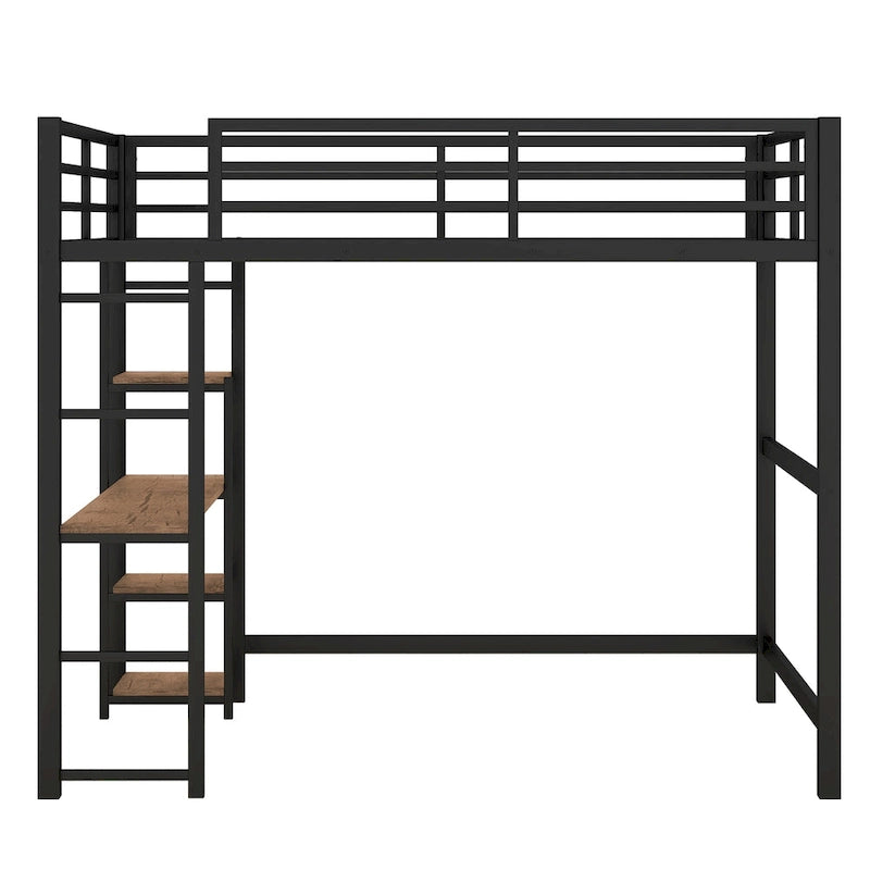 Cama alta de metal matrimonial con escritorio y estantes de almacenamiento incorporados