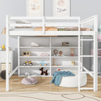 Cama alta de tamaño matrimonial con estantes de almacenamiento abiertos y escalera integrada