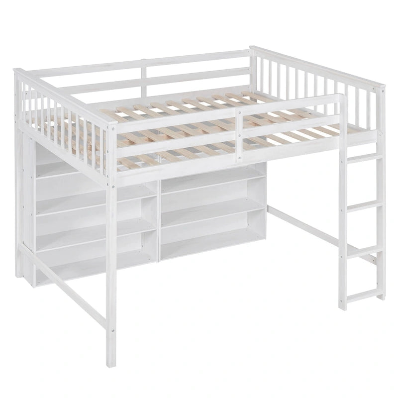 Cama alta de tamaño matrimonial con estantes de almacenamiento abiertos y escalera integrada