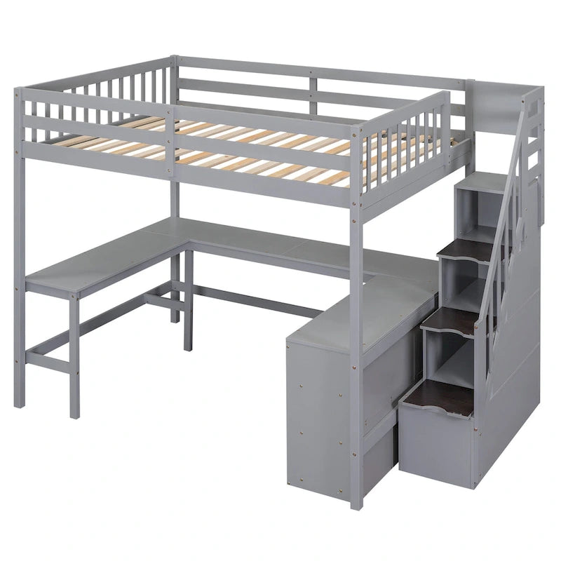 Cama alta de tamaño completo con escritorio en forma de L integrado, estantes de almacenamiento de tres niveles y escalera de almacenamiento adjunta, blanca