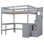 Cama alta de tamaño completo con escritorio en forma de L integrado, estantes de almacenamiento de tres niveles y escalera de almacenamiento adjunta, blanca