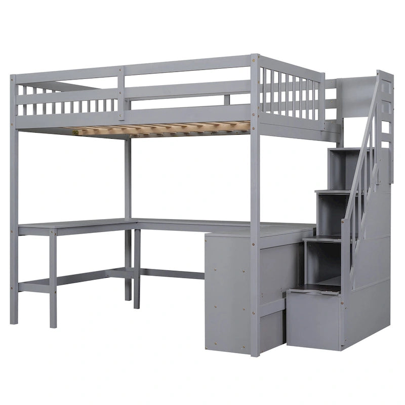 Cama alta de tamaño completo con escritorio en forma de L integrado, estantes de almacenamiento de tres niveles y escalera de almacenamiento adjunta, blanca