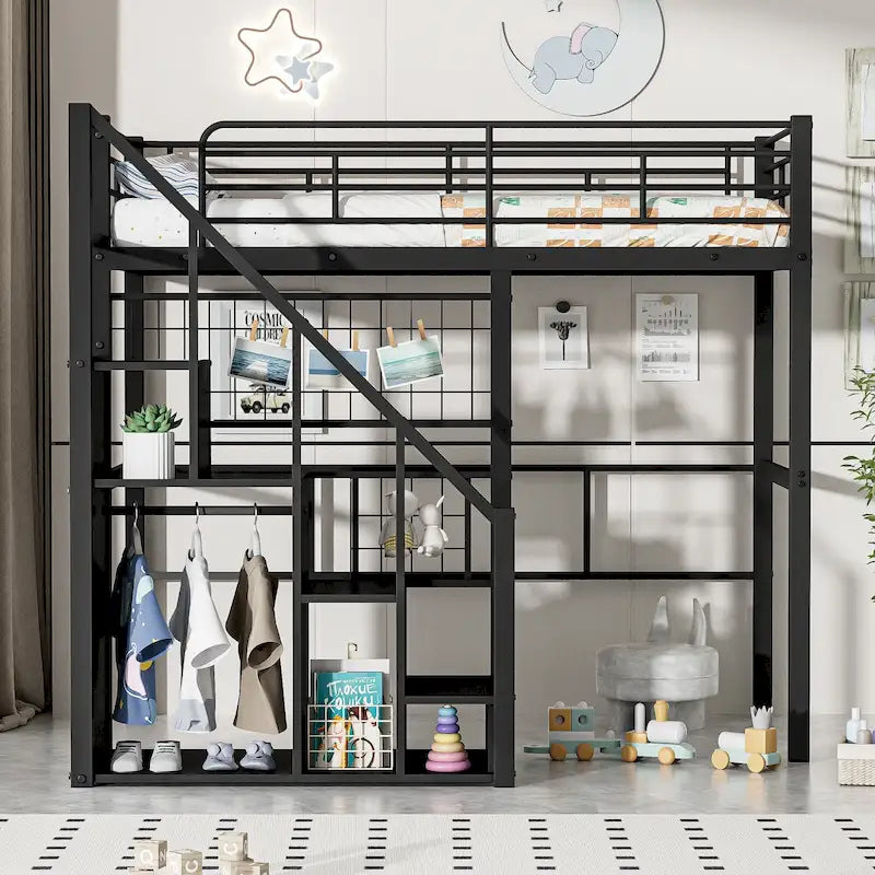 Cama alta moderna individual con escalera de almacenamiento y pequeño armario, estructura de cama alta de metal resistente con barandillas para niños y niñas