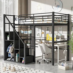 Cama alta moderna individual con escalera de almacenamiento y pequeño armario, estructura de cama alta de metal resistente con barandillas para niños y niñas