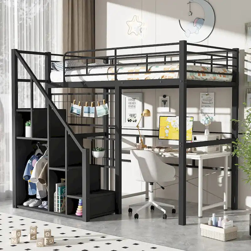 Cama alta moderna individual con escalera de almacenamiento y pequeño armario, estructura de cama alta de metal resistente con barandillas para niños y niñas