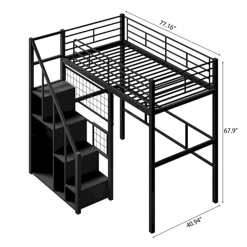 Cama alta moderna individual con escalera de almacenamiento y pequeño armario, estructura de cama alta de metal resistente con barandillas para niños y niñas