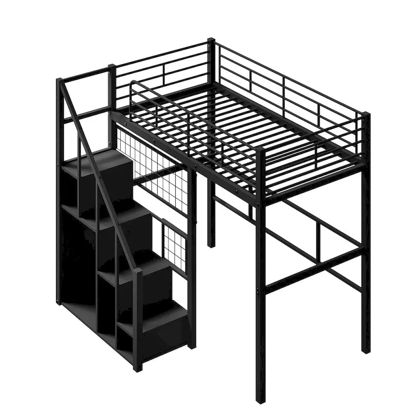 Cama alta moderna individual con escalera de almacenamiento y pequeño armario, estructura de cama alta de metal resistente con barandillas para niños y niñas