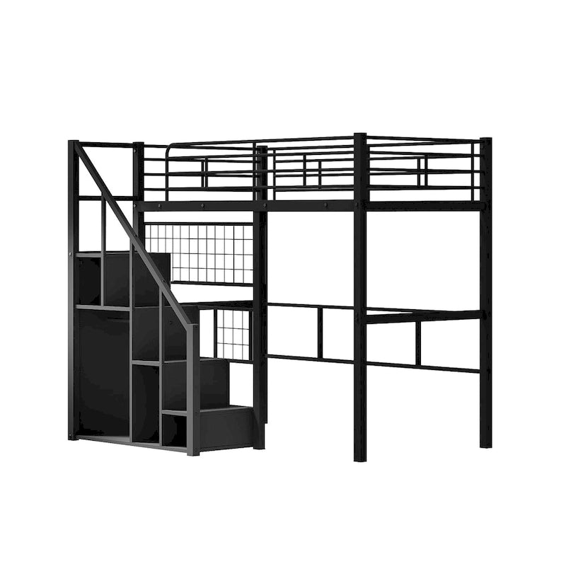 Cama alta moderna individual con escalera de almacenamiento y pequeño armario, estructura de cama alta de metal resistente con barandillas para niños y niñas