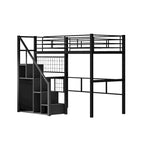 Cama alta moderna individual con escalera de almacenamiento y pequeño armario, estructura de cama alta de metal resistente con barandillas para niños y niñas