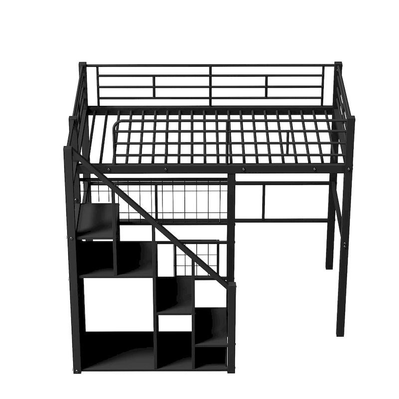 Cama alta moderna individual con escalera de almacenamiento y pequeño armario, estructura de cama alta de metal resistente con barandillas para niños y niñas