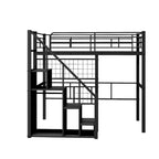Cama alta moderna individual con escalera de almacenamiento y pequeño armario, estructura de cama alta de metal resistente con barandillas para niños y niñas