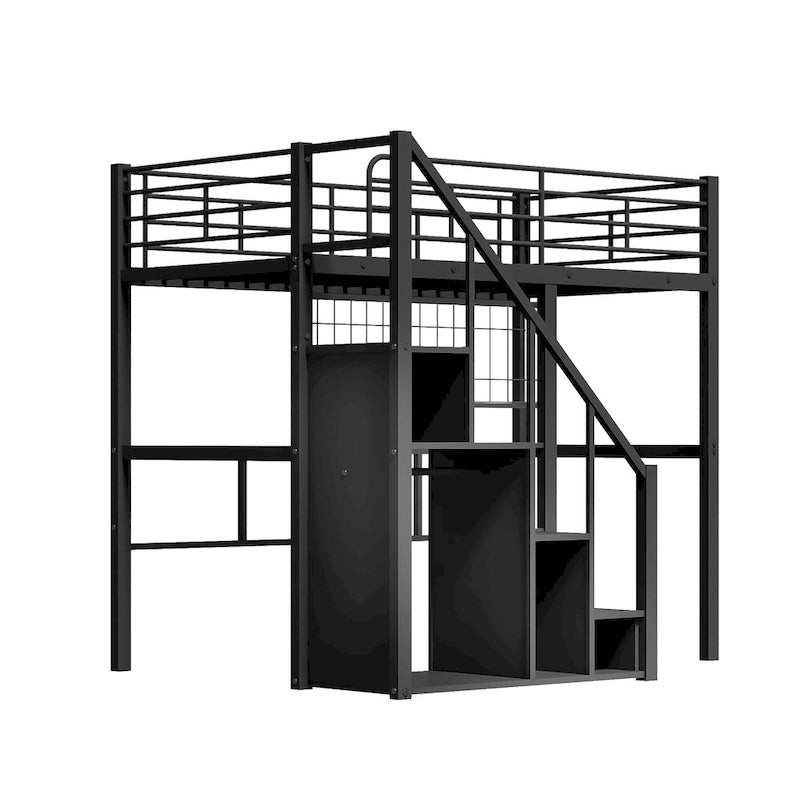 Cama alta moderna individual con escalera de almacenamiento y pequeño armario, estructura de cama alta de metal resistente con barandillas para niños y niñas