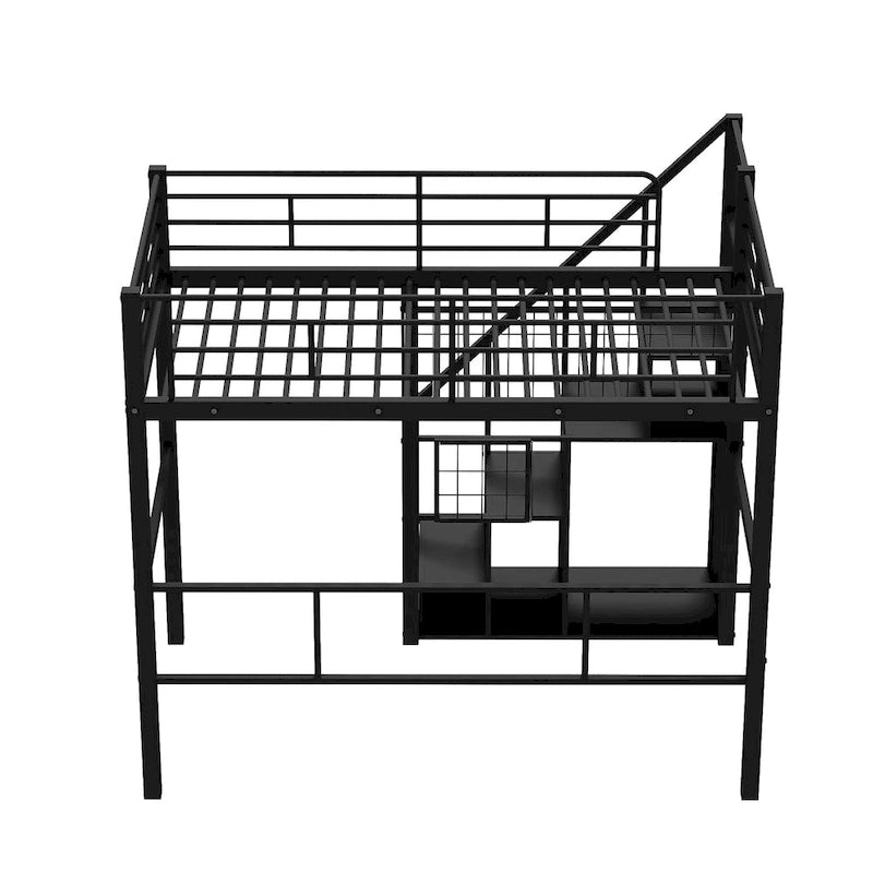 Cama alta moderna individual con escalera de almacenamiento y pequeño armario, estructura de cama alta de metal resistente con barandillas para niños y niñas