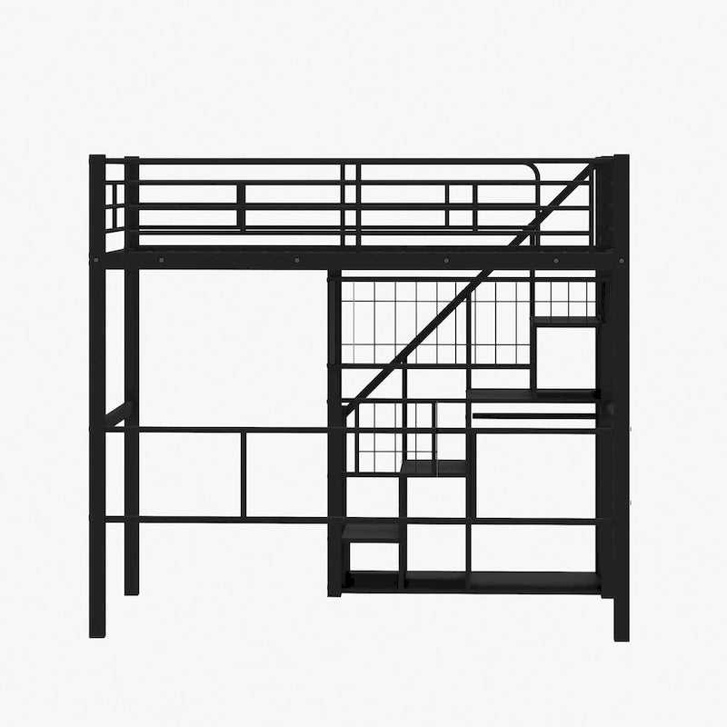 Cama alta moderna individual con escalera de almacenamiento y pequeño armario, estructura de cama alta de metal resistente con barandillas para niños y niñas