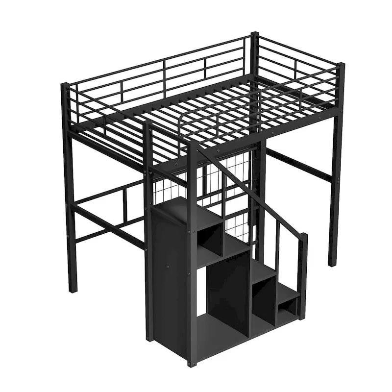Cama alta moderna individual con escalera de almacenamiento y pequeño armario, estructura de cama alta de metal resistente con barandillas para niños y niñas
