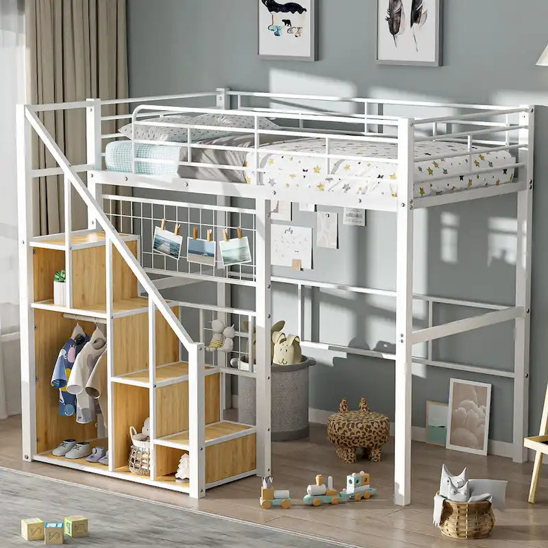 Cama alta moderna individual con escalera de almacenamiento y pequeño armario, estructura de cama alta de metal resistente con barandillas para niños y niñas