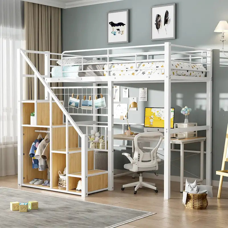 Cama alta moderna individual con escalera de almacenamiento y pequeño armario, estructura de cama alta de metal resistente con barandillas para niños y niñas