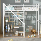 Cama alta moderna individual con escalera de almacenamiento y pequeño armario, estructura de cama alta de metal resistente con barandillas para niños y niñas