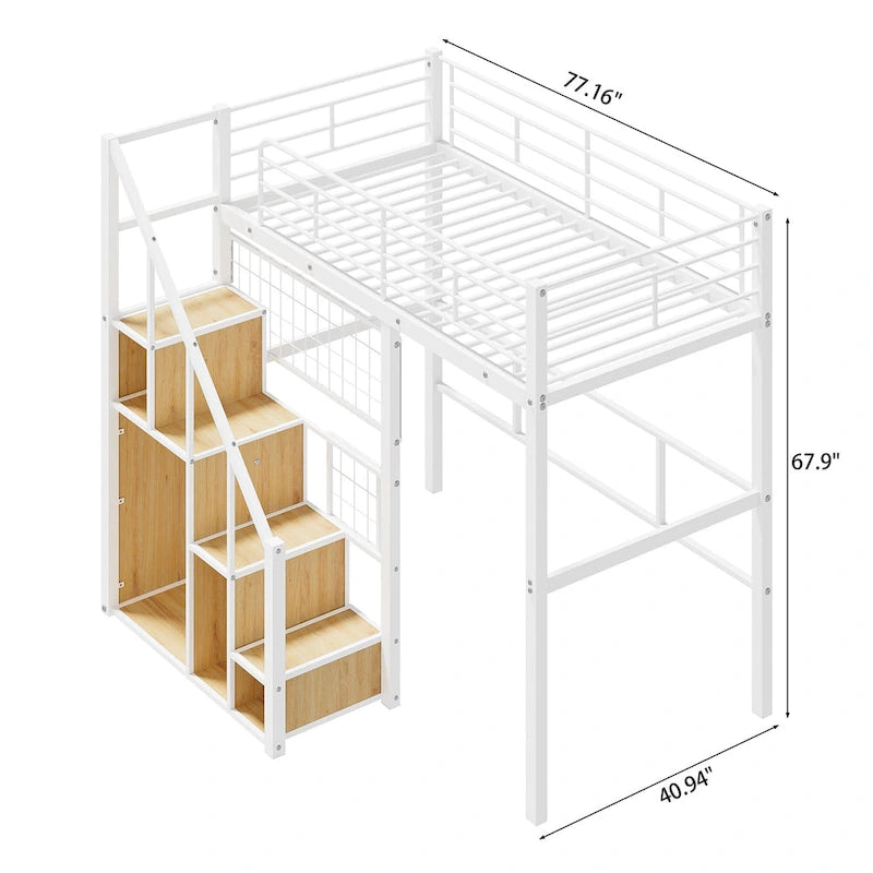 Cama alta moderna individual con escalera de almacenamiento y pequeño armario, estructura de cama alta de metal resistente con barandillas para niños y niñas