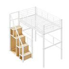 Cama alta moderna individual con escalera de almacenamiento y pequeño armario, estructura de cama alta de metal resistente con barandillas para niños y niñas